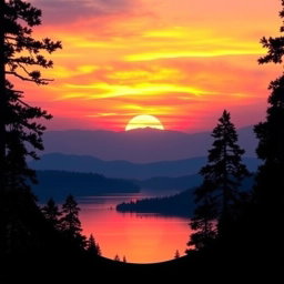 A stunning circular image of a tranquil landscape featuring a picturesque sunset over a serene lake