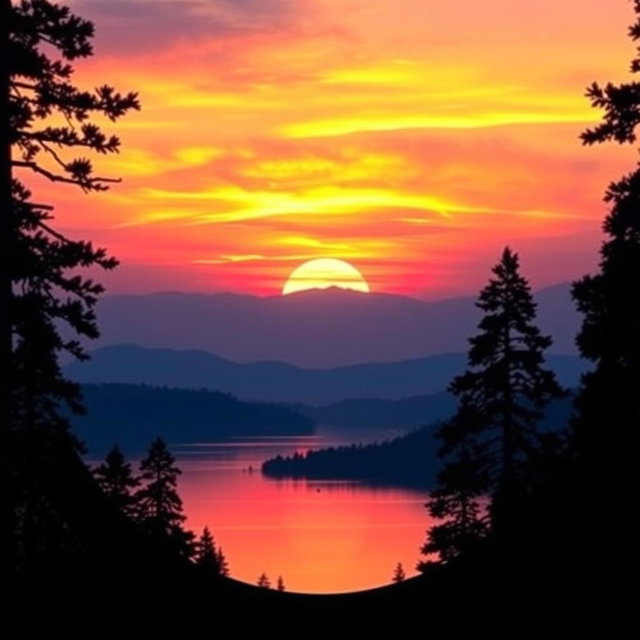 A stunning circular image of a tranquil landscape featuring a picturesque sunset over a serene lake