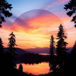 A stunning circular image of a tranquil landscape featuring a picturesque sunset over a serene lake