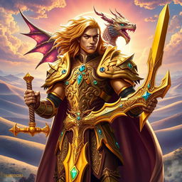A majestic and powerful figure of Paladin Dragon Drakthar Ashenblade, depicted as a noble warrior with a dragon-themed aesthetic