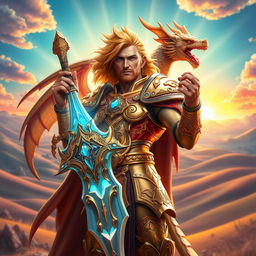 A majestic and powerful figure of Paladin Dragon Drakthar Ashenblade, depicted as a noble warrior with a dragon-themed aesthetic