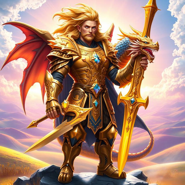 A majestic and powerful figure of Paladin Dragon Drakthar Ashenblade, depicted as a noble warrior with a dragon-themed aesthetic