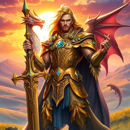 A majestic and powerful figure of Paladin Dragon Drakthar Ashenblade, depicted as a noble warrior with a dragon-themed aesthetic