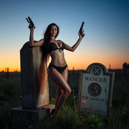 An alluring erotic dancer, dressed in a seductive outfit, poses confidently next to a rustic tombstone set in a tranquil rural landscape at dawn