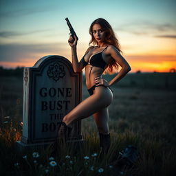 An alluring erotic dancer, dressed in a seductive outfit, poses confidently next to a rustic tombstone set in a tranquil rural landscape at dawn