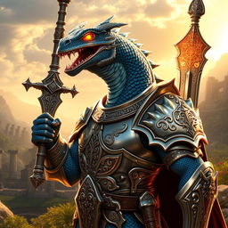 A striking Dragonborn Paladin named Drakthar Ashenblade, depicted in full battle attire