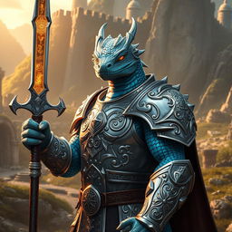 A striking Dragonborn Paladin named Drakthar Ashenblade, depicted in full battle attire