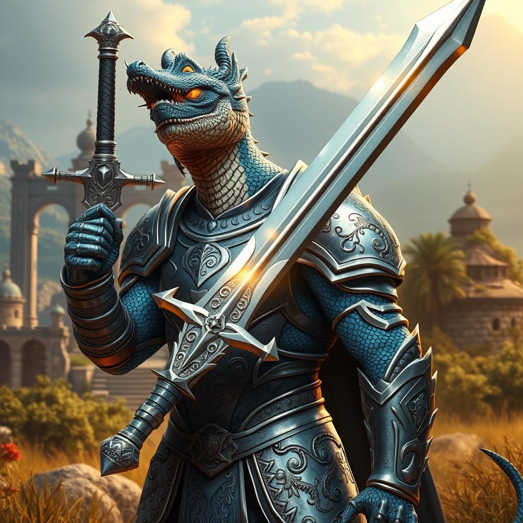 A striking Dragonborn Paladin named Drakthar Ashenblade, depicted in full battle attire