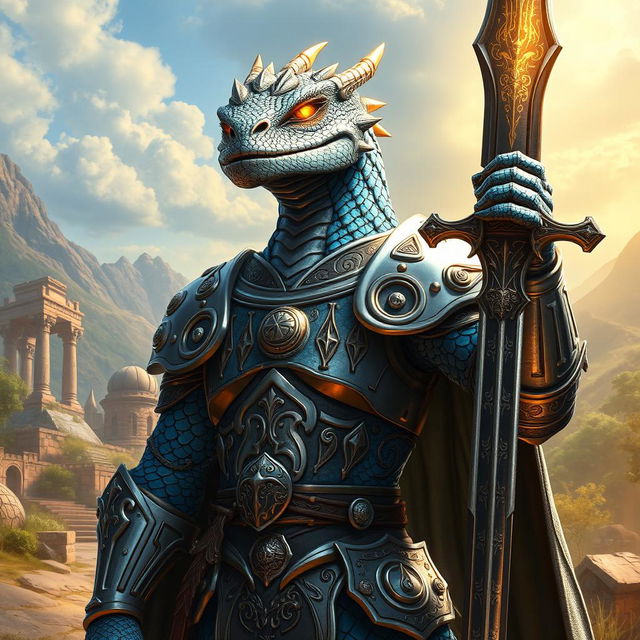 A striking Dragonborn Paladin named Drakthar Ashenblade, depicted in full battle attire