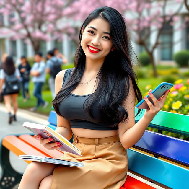 A beautiful Chinese female university student with large round breasts, depicted in a flirty and charming manner