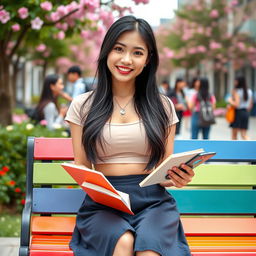 A beautiful Chinese female university student with large round breasts, depicted in a flirty and charming manner