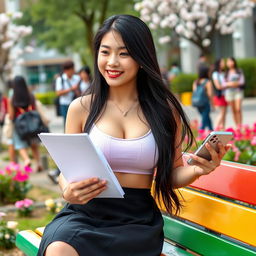 A beautiful Chinese female university student with large round breasts, depicted in a flirty and charming manner