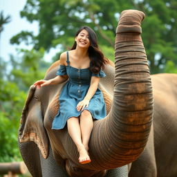 A beautiful South Korean woman sitting and laughing freely on the trunk of an elephant that is standing and curling its trunk into a circle