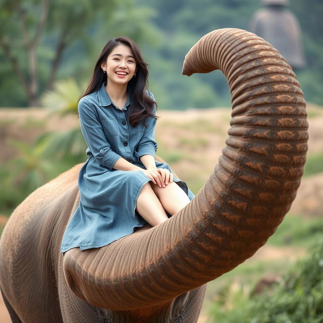 A beautiful South Korean woman sitting and laughing freely on the trunk of an elephant that is standing and curling its trunk into a circle