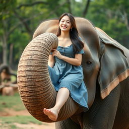 A beautiful South Korean woman sitting and laughing freely on the trunk of an elephant that is standing and curling its trunk into a circle