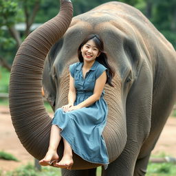 A beautiful South Korean woman sitting and laughing freely on the trunk of an elephant that is standing and curling its trunk into a circle