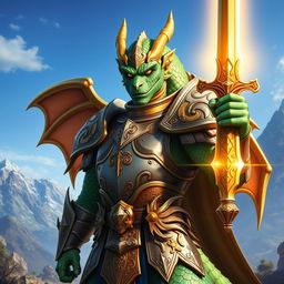 A striking Dragonborn Paladin, depicted standing heroically in full armor