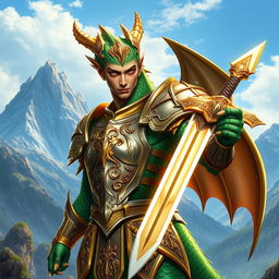 A striking Dragonborn Paladin, depicted standing heroically in full armor