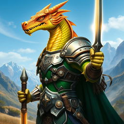 A striking Dragonborn Paladin, depicted standing heroically in full armor