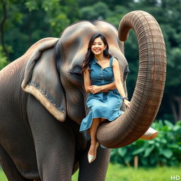 A beautiful Korean woman wearing a gray denim dress, sitting facing the camera with a carefree laugh on the trunk of a standing elephant, whose trunk is curled in a circular shape