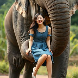 A beautiful Korean woman wearing a gray denim dress, sitting facing the camera with a carefree laugh on the trunk of a standing elephant, whose trunk is curled in a circular shape