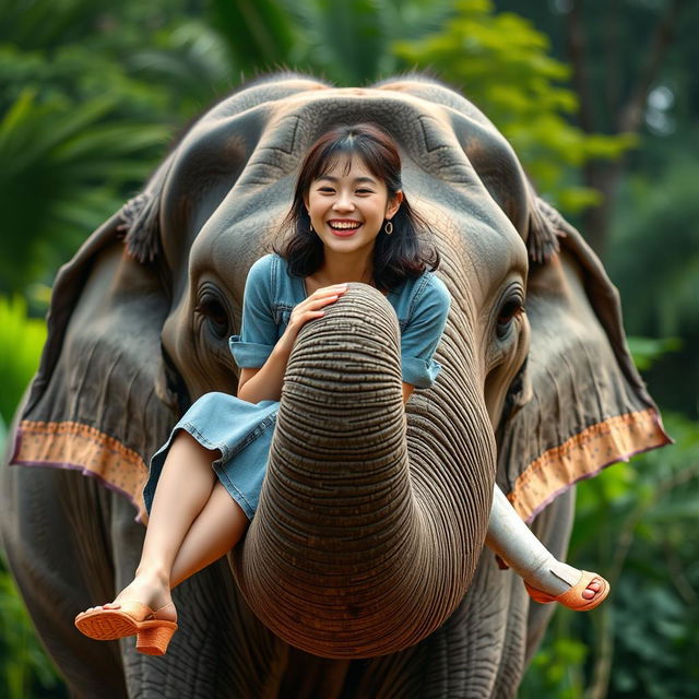 A beautiful Korean woman wearing a gray denim dress, sitting facing the camera with a carefree laugh on the trunk of a standing elephant, whose trunk is curled in a circular shape