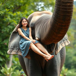 A beautiful Korean woman wearing a gray denim dress, sitting facing the camera with a carefree laugh on the trunk of a standing elephant, whose trunk is curled in a circular shape
