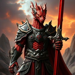 A powerful Dragonborn Paladin, described as 'red ashen,' standing in a confident and heroic pose