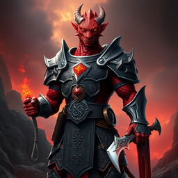 A powerful Dragonborn Paladin, described as 'red ashen,' standing in a confident and heroic pose
