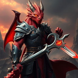 A powerful Dragonborn Paladin, described as 'red ashen,' standing in a confident and heroic pose