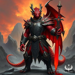 A powerful Dragonborn Paladin, described as 'red ashen,' standing in a confident and heroic pose