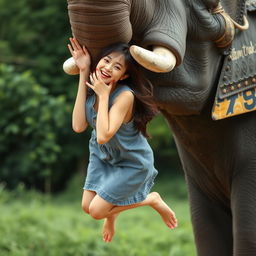 A beautiful Korean woman wearing a grey denim dress, playfully hanging from the trunk of an elephant that is standing with its trunk curled into a circle