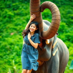 A beautiful Korean woman wearing a grey denim dress, playfully hanging from the trunk of an elephant that is standing with its trunk curled into a circle