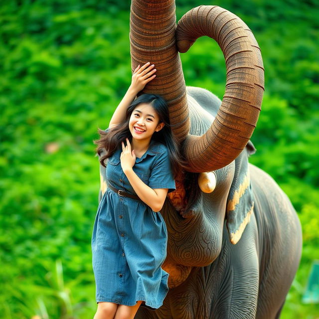 A beautiful Korean woman wearing a grey denim dress, playfully hanging from the trunk of an elephant that is standing with its trunk curled into a circle