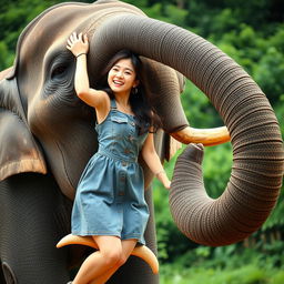 A beautiful Korean woman wearing a grey denim dress, playfully hanging from the trunk of an elephant that is standing with its trunk curled into a circle