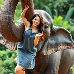 A beautiful Korean woman wearing a grey denim dress, playfully hanging from the trunk of an elephant that is standing with its trunk curled into a circle