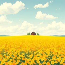 A hand drawn digital landscape featuring a vast, seemingly endless ground covered in vibrant yellow flowers, stretching out towards the horizon