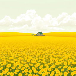 A hand drawn digital landscape featuring a vast, seemingly endless ground covered in vibrant yellow flowers, stretching out towards the horizon