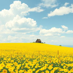 A hand drawn digital landscape featuring a vast, seemingly endless ground covered in vibrant yellow flowers, stretching out towards the horizon
