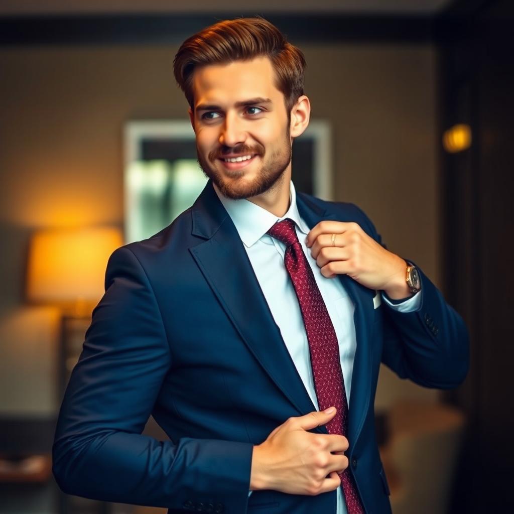 A well-dressed man adjusting his blazer and tie, standing confidently with a slight smile