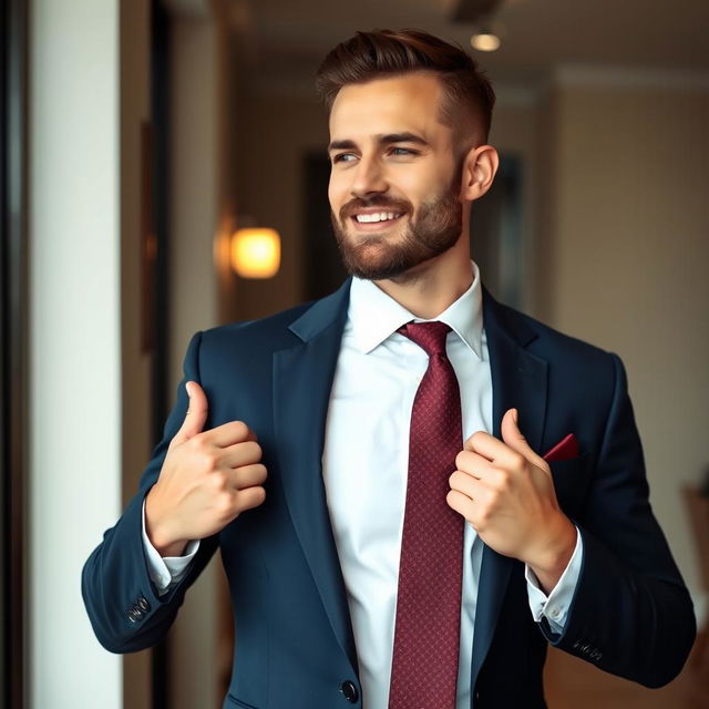 A well-dressed man adjusting his blazer and tie, standing confidently with a slight smile