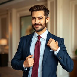 A well-dressed man adjusting his blazer and tie, standing confidently with a slight smile