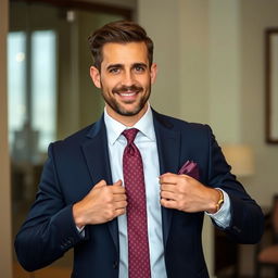 A well-dressed man adjusting his blazer and tie, standing confidently with a slight smile