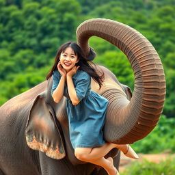 A beautiful Korean woman wearing a gray denim dress, playfully laughing while hanging from the trunk of an elephant that is standing with its trunk curled into a circle