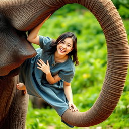 A beautiful Korean woman wearing a gray denim dress, playfully laughing while hanging from the trunk of an elephant that is standing with its trunk curled into a circle