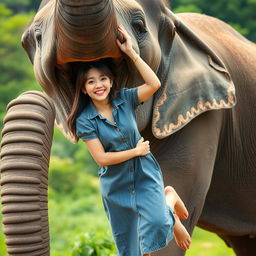 A beautiful Korean woman wearing a gray denim dress, playfully laughing while hanging from the trunk of an elephant that is standing with its trunk curled into a circle