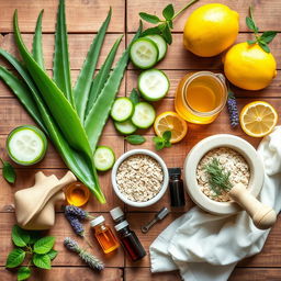 A vibrant and colorful flat lay of natural skincare ingredients creatively arranged on a rustic wooden table