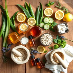 A vibrant and colorful flat lay of natural skincare ingredients creatively arranged on a rustic wooden table