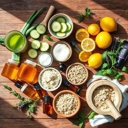 A vibrant and colorful flat lay of natural skincare ingredients creatively arranged on a rustic wooden table