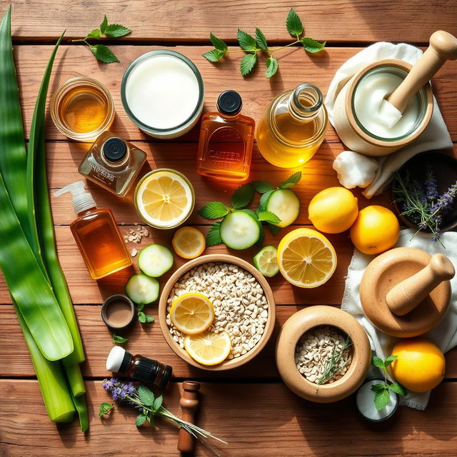 A vibrant and colorful flat lay of natural skincare ingredients creatively arranged on a rustic wooden table